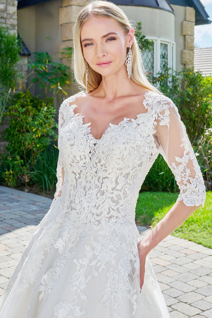 Wedding dress with V-neck, embroidered sparkly mesh and 1/2 sleeves