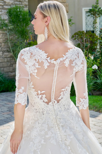 Wedding dress with V-neck, embroidered sparkly mesh and 1/2 sleeves