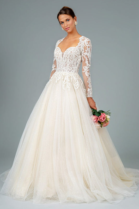Illusion V-Neck Embroidered Mesh Wedding Gown w/ Sequin Lining