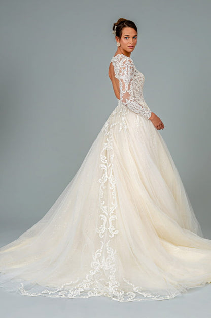 Illusion V-Neck Embroidered Mesh Wedding Gown w/ Sequin Lining