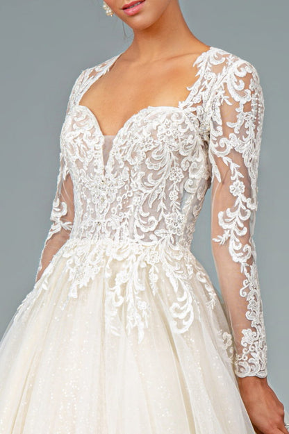 Illusion V-Neck Embroidered Mesh Wedding Gown w/ Sequin Lining