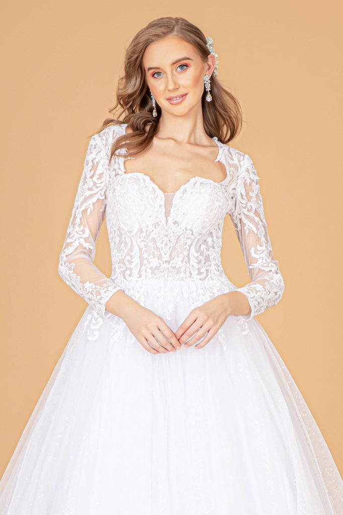 Illusion V-Neck Embroidered Mesh Wedding Gown w/ Sequin Lining