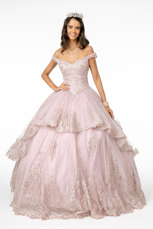 Glitter Embellished Bodice Layered Mesh Skirt Quinceanera Dress