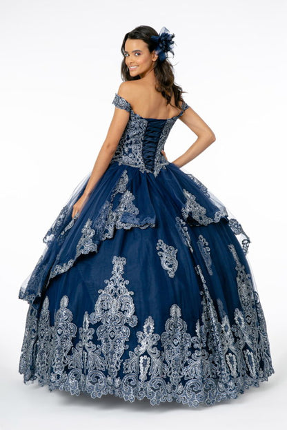 Glitter Embellished Bodice Layered Mesh Skirt Quinceanera Dress