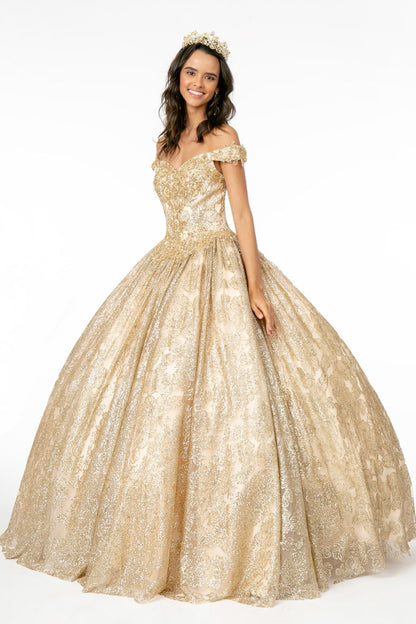 Sweetheart Neckline Cut-Away Shoulder Glitter Mesh Quinceanera Dress