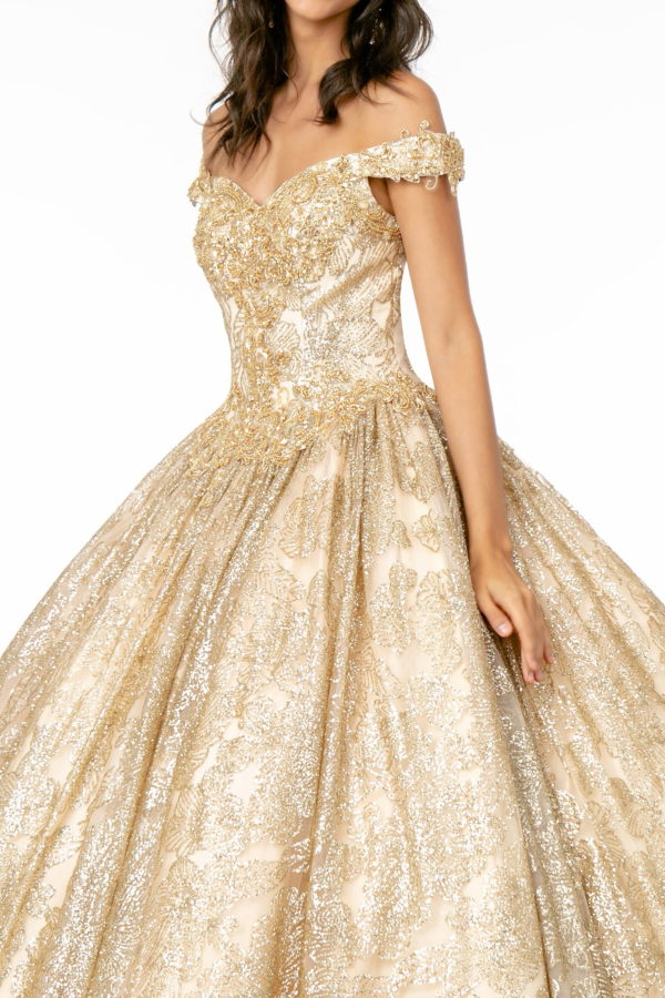 Sweetheart Neckline Cut-Away Shoulder Glitter Mesh Quinceanera Dress