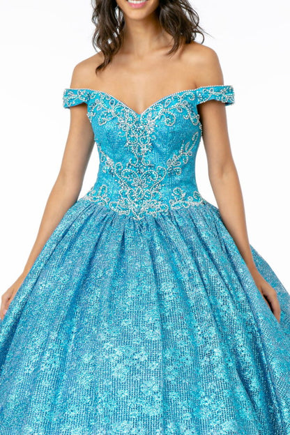 Jewel Embellished Sweetheart Neckline Glitter Netting Quinceanera Dress