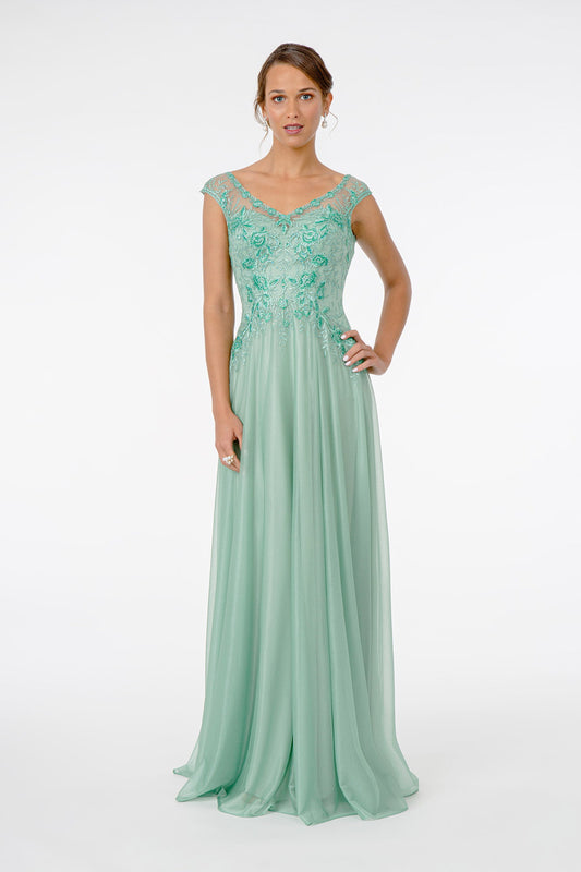 Embroidered Bodice V-Neck Long Dress w/ V-Back