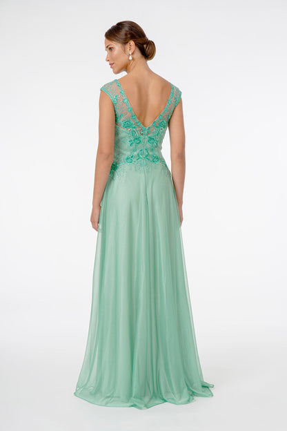 Embroidered Bodice V-Neck Long Dress w/ V-Back