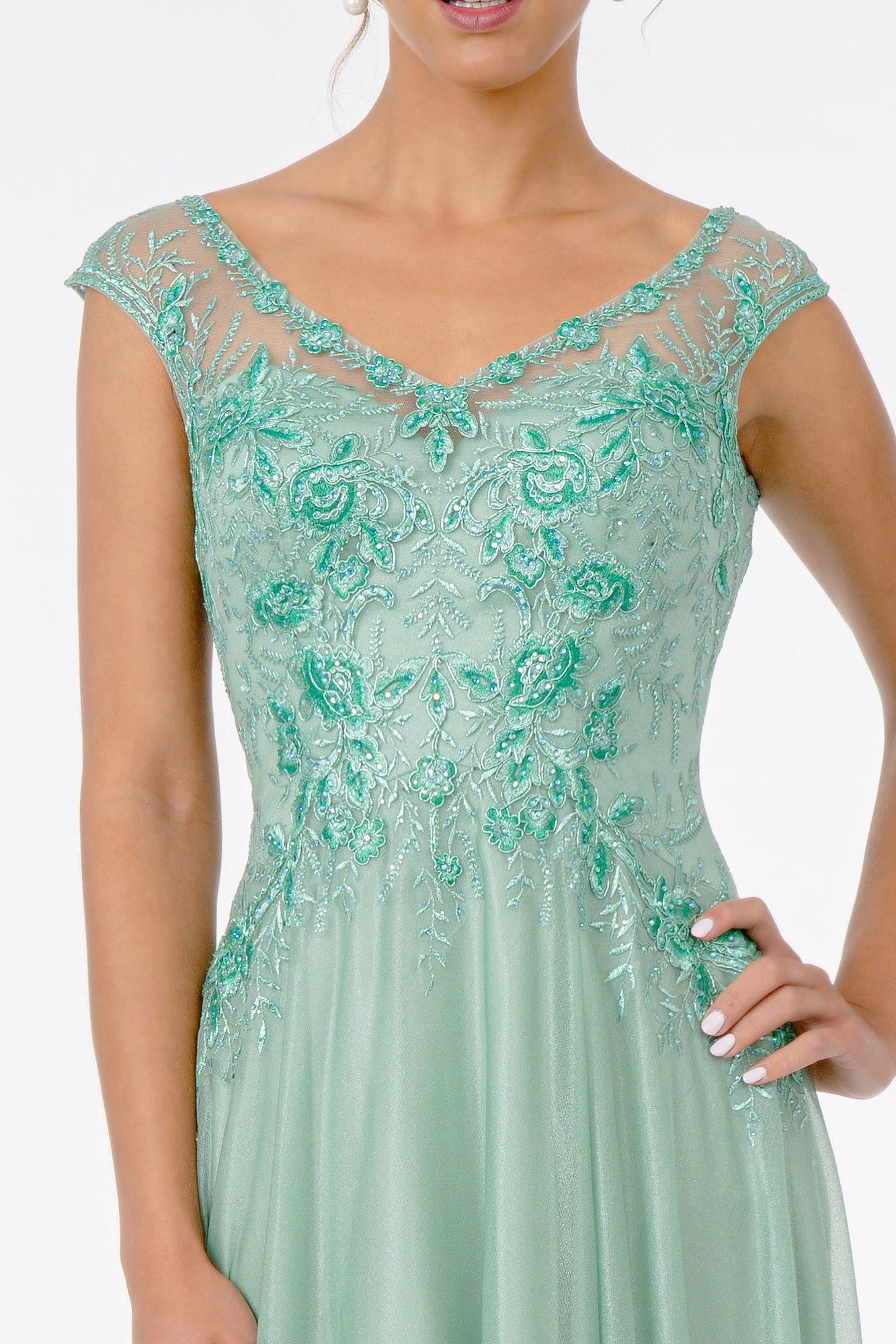 Embroidered Bodice V-Neck Long Dress w/ V-Back