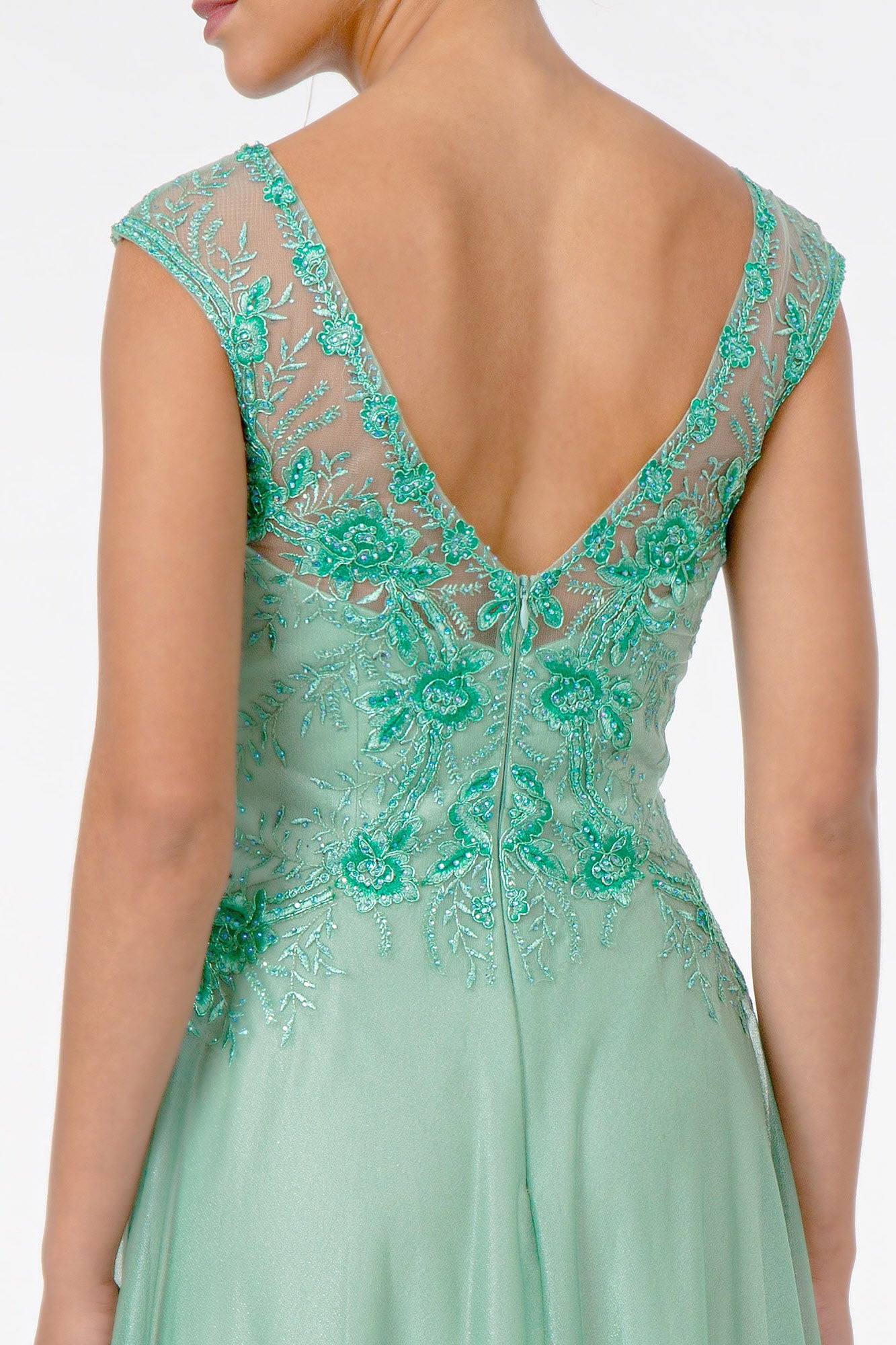 Embroidered Bodice V-Neck Long Dress w/ V-Back