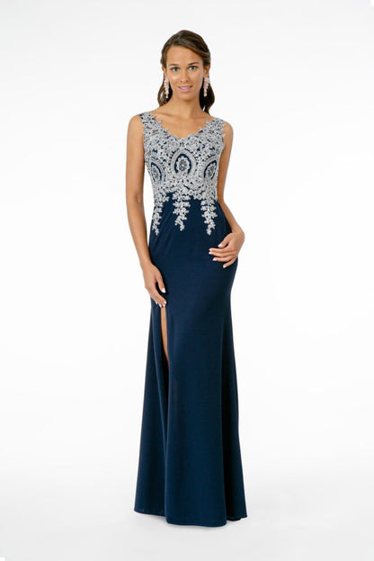 Embroidered Bodice V-Neck Jersey Long Dress w/ Slit