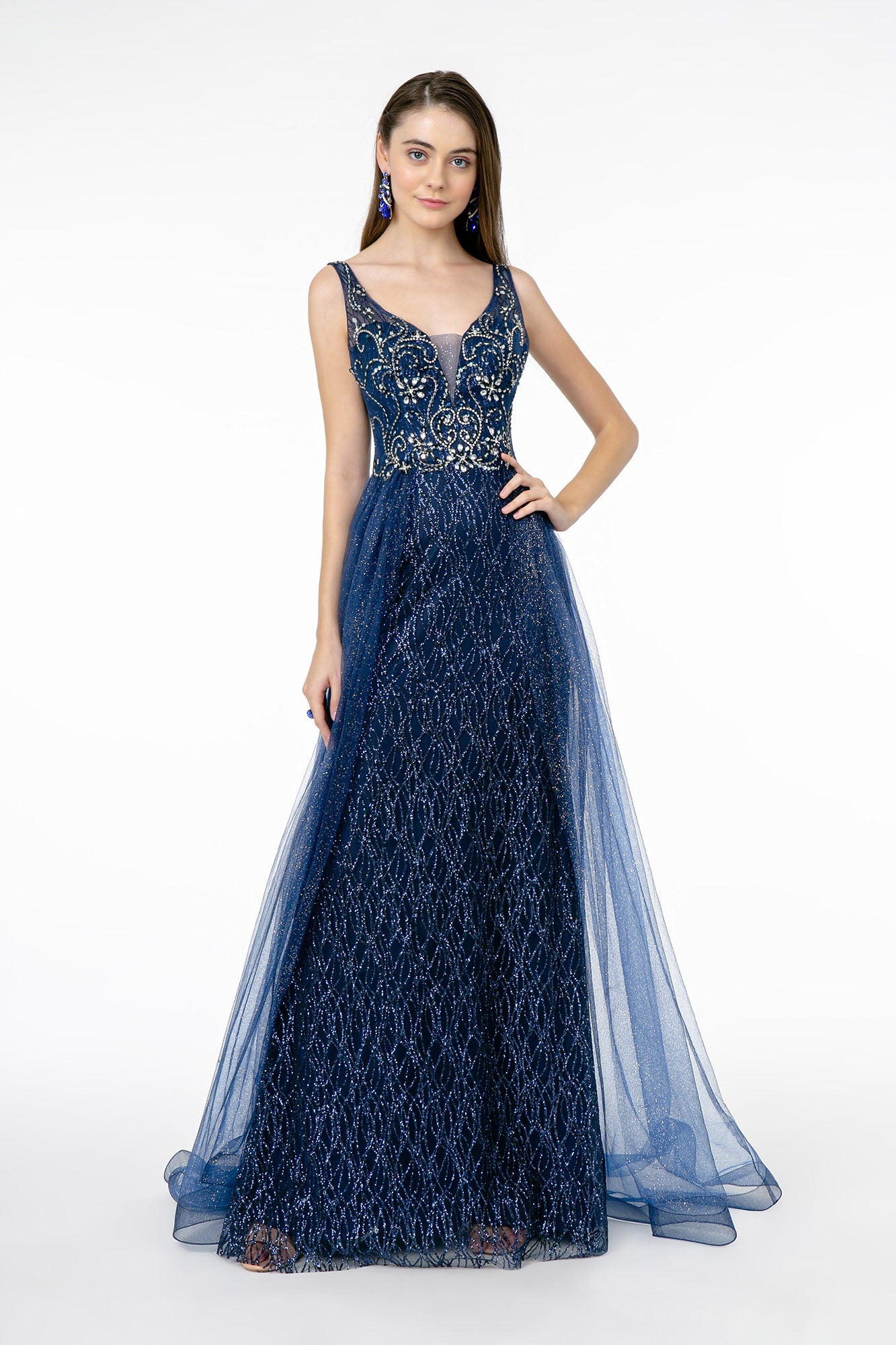 Jeweled Bodice Glitter Mesh A-Line Long Dress S / Navy Jeweled Bodice Glitter Mesh A-Line Long Dress S / Navy