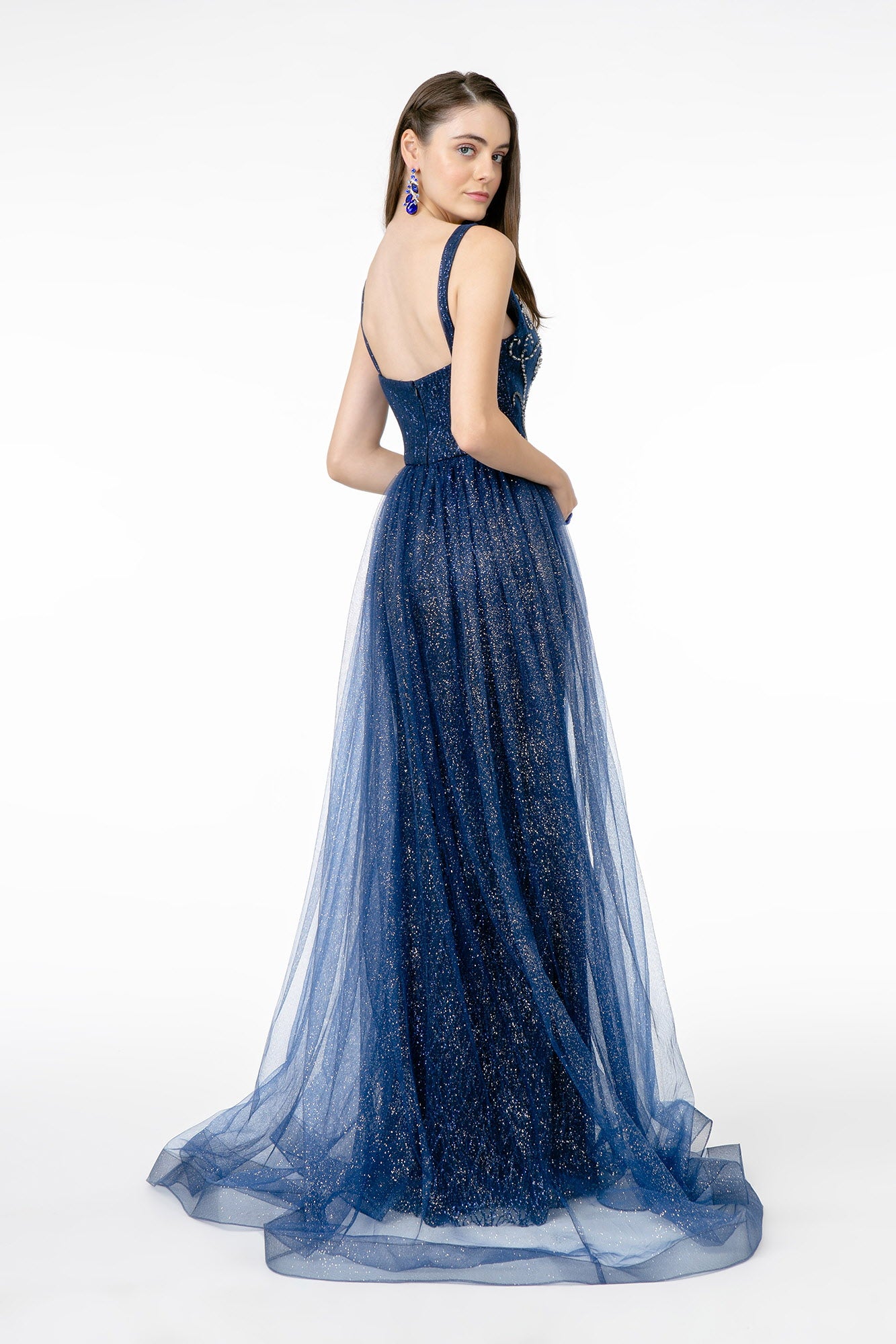 Jeweled Bodice Glitter Mesh A-Line Long Dress Tux-USA Jeweled Bodice Glitter Mesh A-Line Long Dress Tux-USA