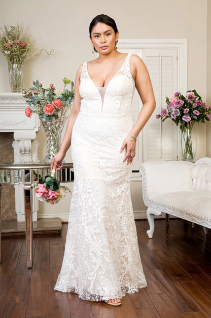 Illusion V-Neck Sheer Side and Back Mermaid Wedding Gown w/ Detachable Mesh Layer - Mask Not Included