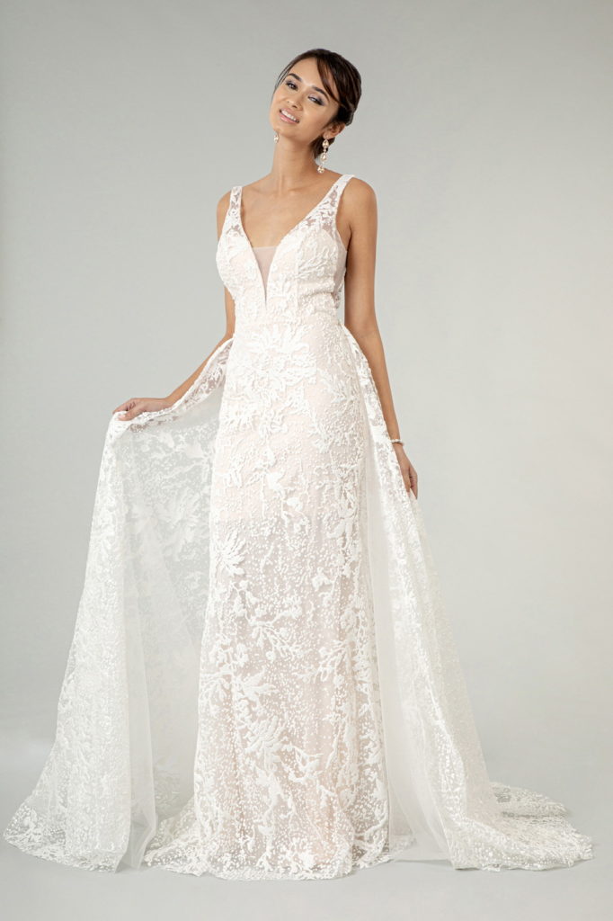 Illusion V-Neck Sheer Side and Back Mermaid Wedding Gown w/ Detachable Mesh Layer - Mask Not Included