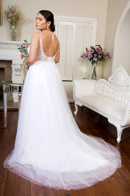 Embroidered Sheer Bodice V-Neck Wedding Gown /w Tail