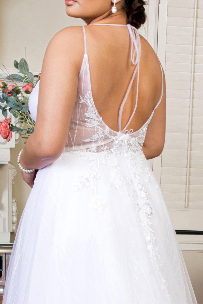 Embroidered Sheer Bodice V-Neck Wedding Gown /w Tail