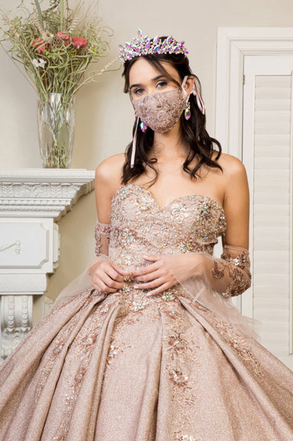 Sweethearted Ruffle Tail Quinceanera Dress w/ Detached Mesh Sleeve - Mask Not Included