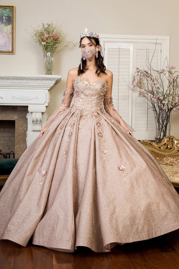 Sweethearted Ruffle Tail Quinceanera Dress w/ Detached Mesh Sleeve - Mask Not Included