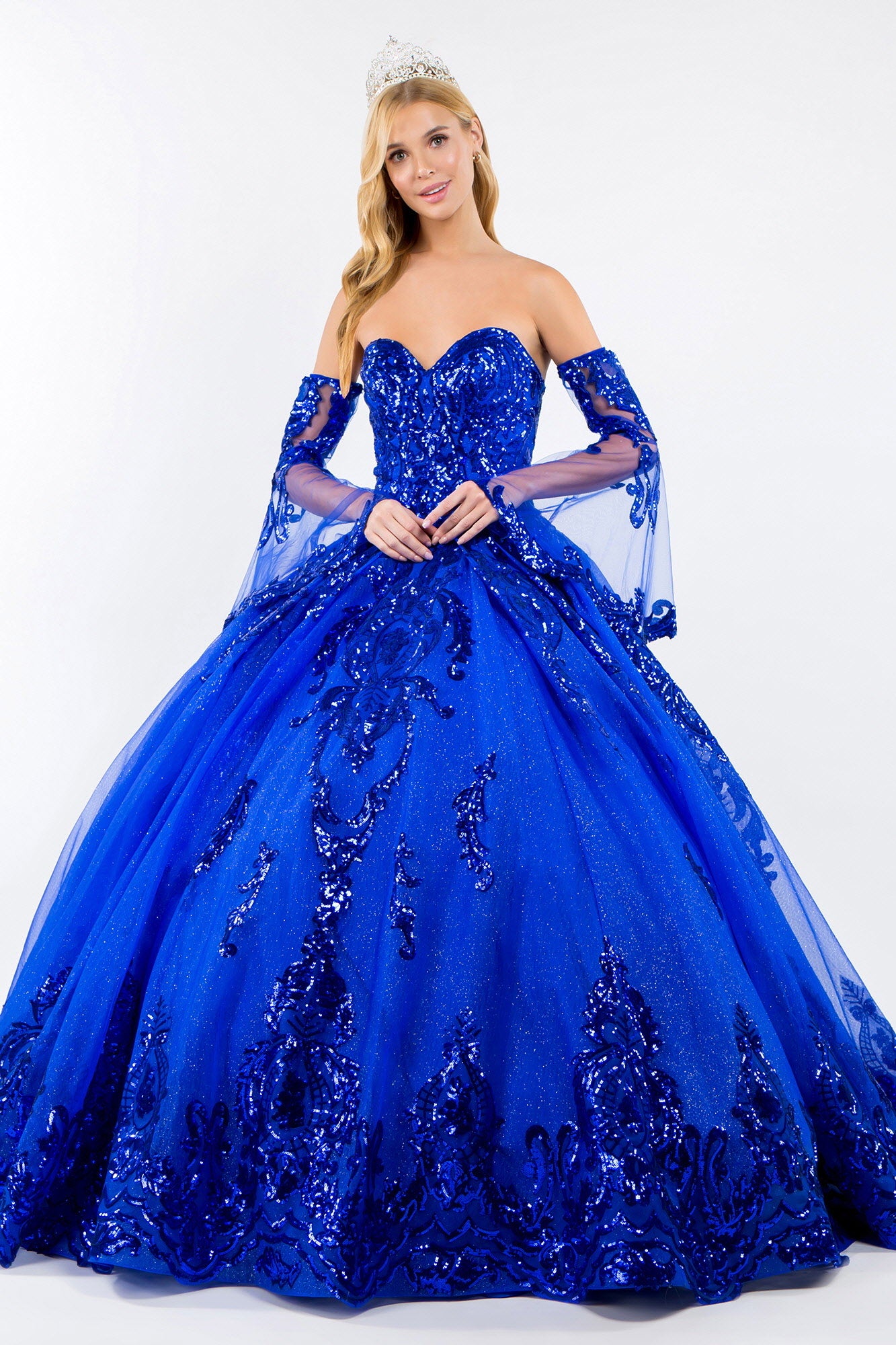 Sequin Embellished Glitter Mesh Quinceanera Dress w/ Detached Mesh Sleeve