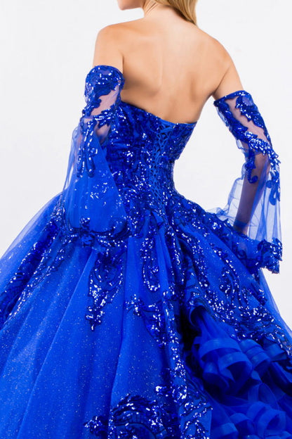 Sequin Embellished Glitter Mesh Quinceanera Dress w/ Detached Mesh Sleeve