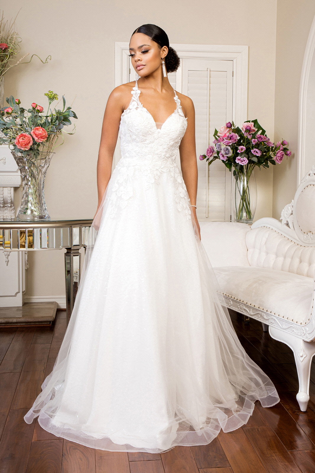 V-Neck Floral Embroidery Sequin Mesh Wedding Gown w/ Lace Up Back