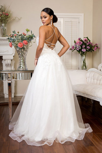 V-Neck Floral Embroidery Sequin Mesh Wedding Gown w/ Lace Up Back