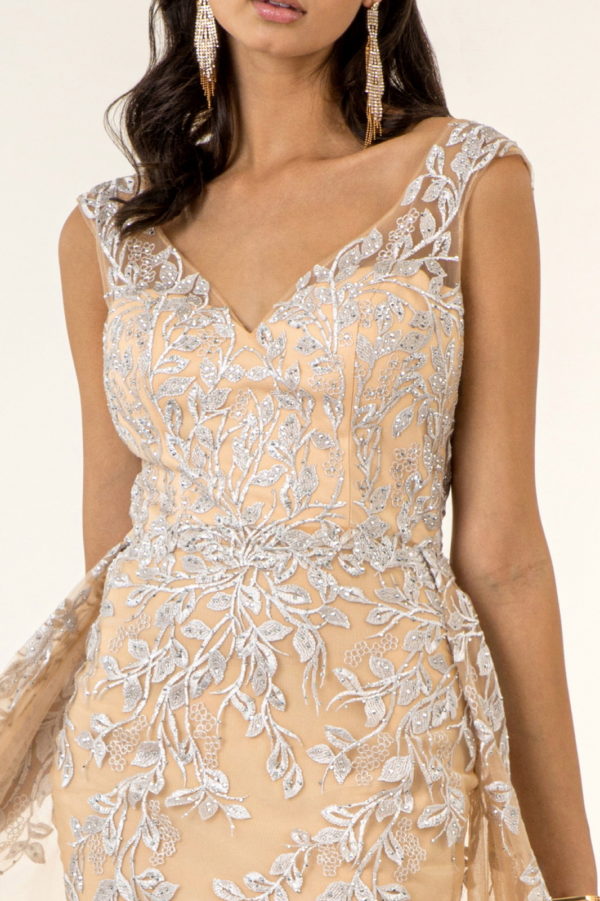 V-Neck Floral Embroidery Embellished Mesh A-Line Dress w/ Sheer Back - Mask Not Included