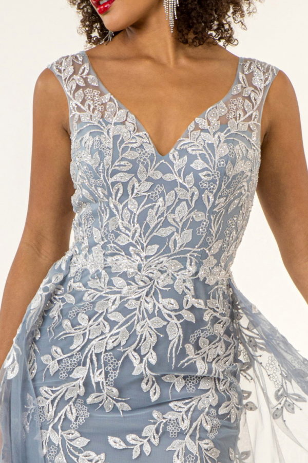 V-Neck Floral Embroidery Embellished Mesh A-Line Dress w/ Sheer Back - Mask Not Included