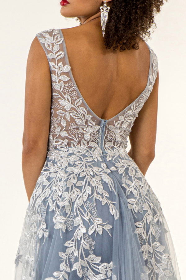 V-Neck Floral Embroidery Embellished Mesh A-Line Dress w/ Sheer Back - Mask Not Included