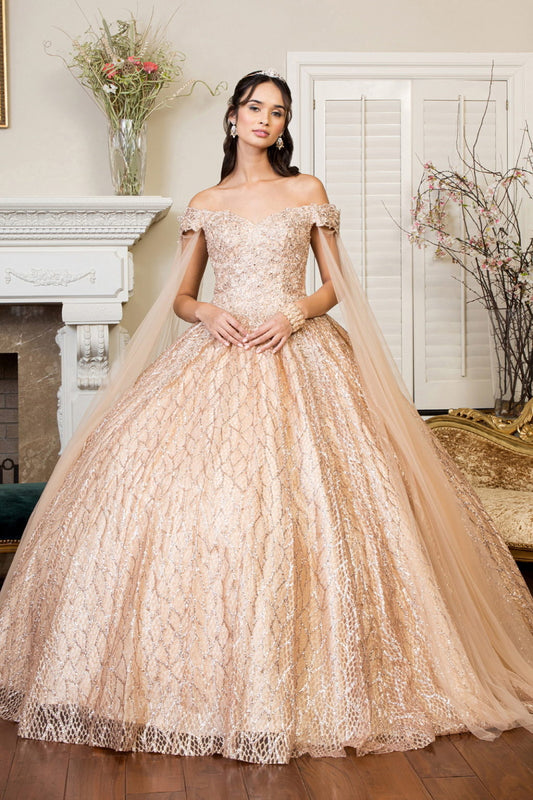 Cut-Away Shoulder Sweethearted Glitter Mesh Quinceanera Dress