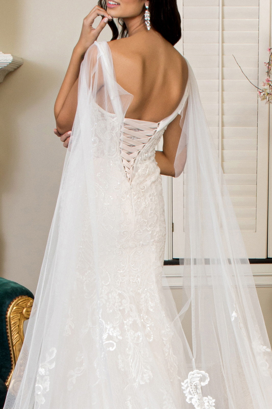 Embroidered V-Neck Mermaid Wedding Gown w/ Detachable Cape - Mask Not Included