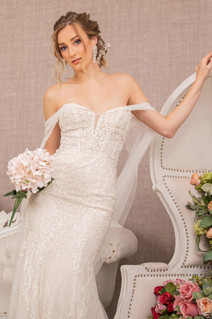 Embroidered V-Neck Mermaid Wedding Gown w/ Detachable Cape - Mask Not Included