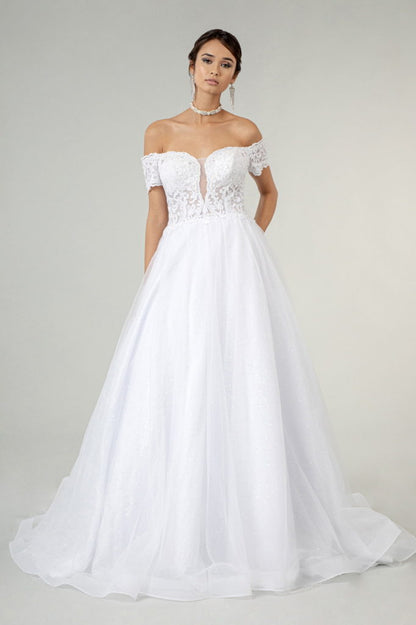 Embroidered Bodice Cut-Away Shoulder Glitter Mesh Wedding Gown w/ Sequin Mesh Lining