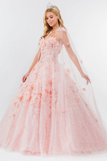 Sweetheart Neckline Beads and Jewel Embellished Bodice Quinceanera Dress w/ Mesh Cape