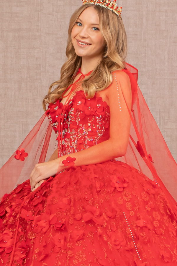 Sweetheart Neckline Beads and Jewel Embellished Bodice Quinceanera Dress w/ Mesh Cape