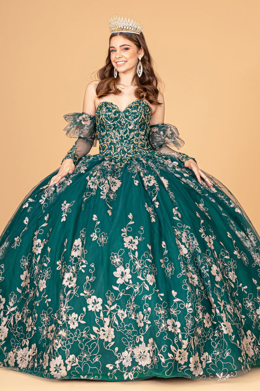 Embroidered Glitter Mesh Quinceanera Dress w/ Detached Long Sleeve