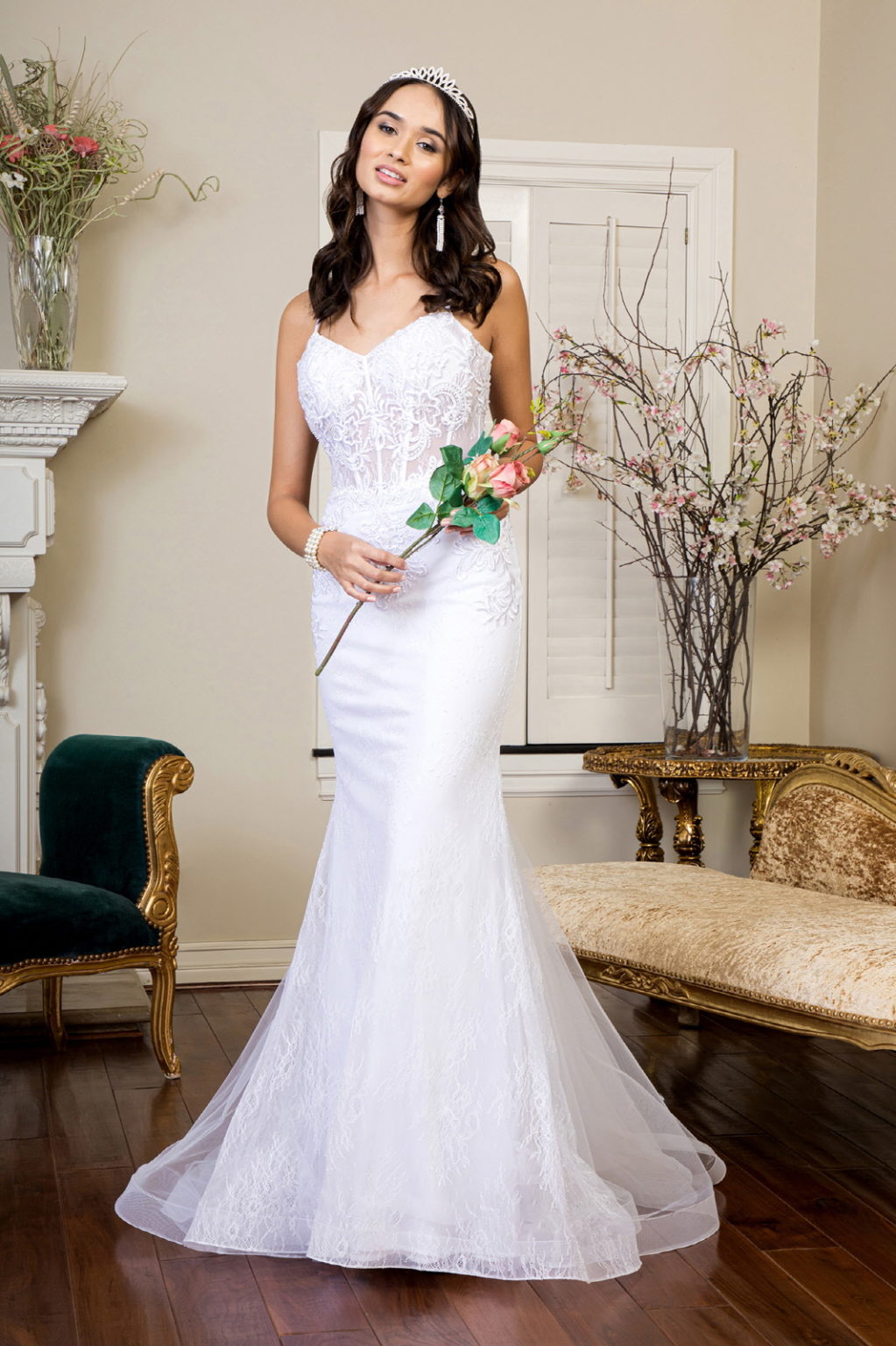 Embroidered Sheer Bodice Mermaid Wedding Gown w/ Lace Up Back