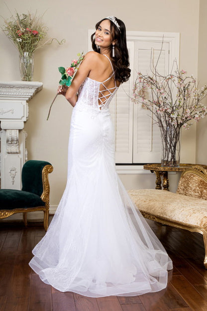 Embroidered Sheer Bodice Mermaid Wedding Gown w/ Lace Up Back