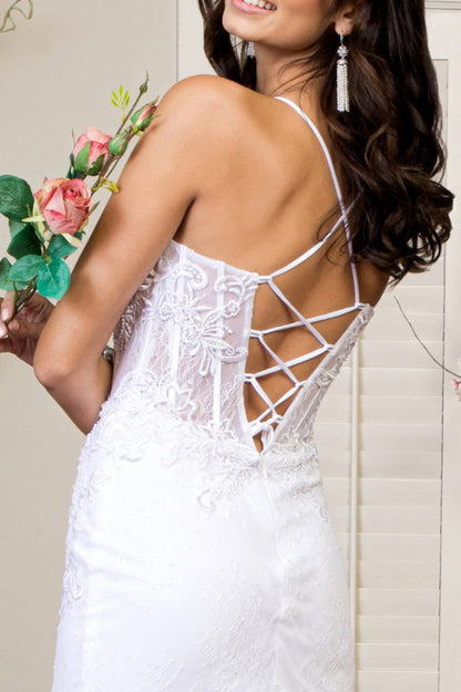 Embroidered Sheer Bodice Mermaid Wedding Gown w/ Lace Up Back