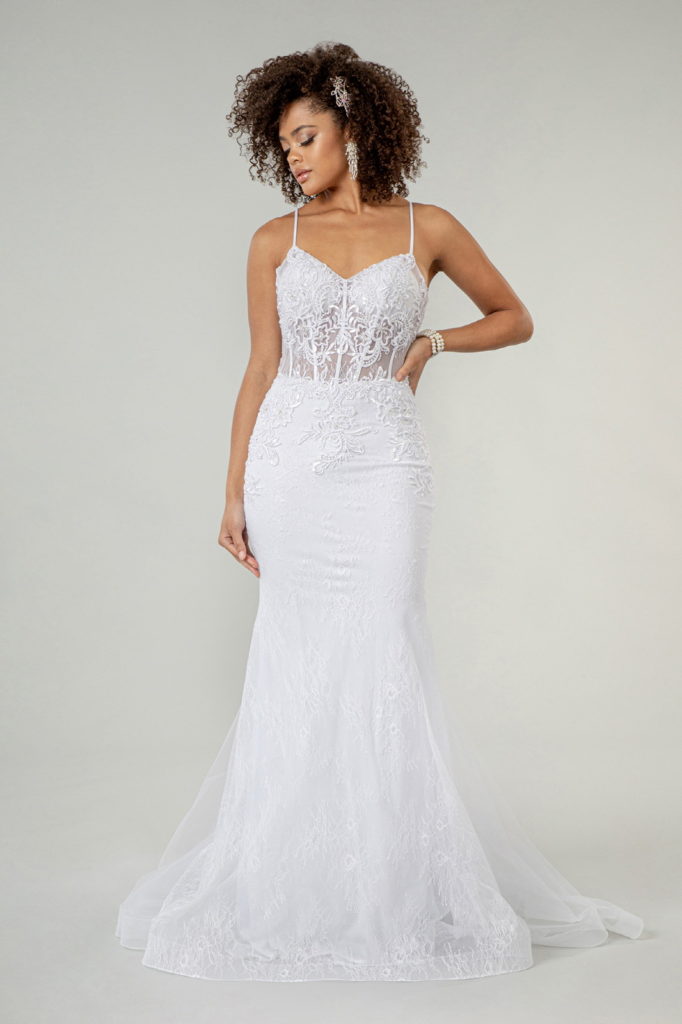 Embroidered Sheer Bodice Mermaid Wedding Gown w/ Lace Up Back