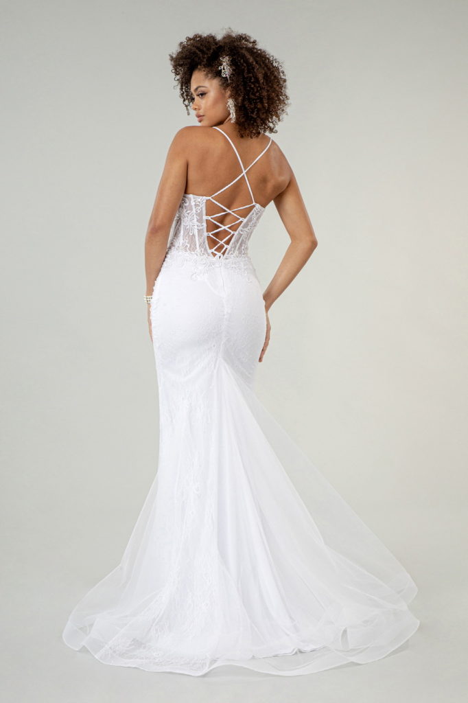 Embroidered Sheer Bodice Mermaid Wedding Gown w/ Lace Up Back