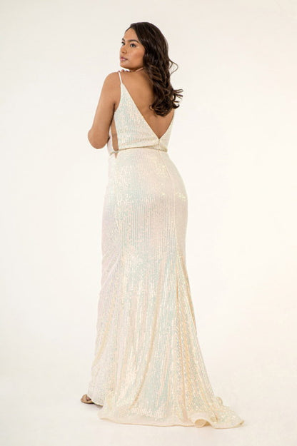 Illusion Deep V-Neck Jewel Embellished Waistline Sequin Long Dress - Mask Not Included