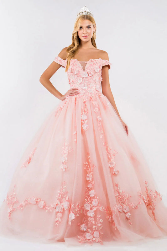Embroidery Embellished Glitter-Mesh Cut-Away Shoulder Quinceanera Dress