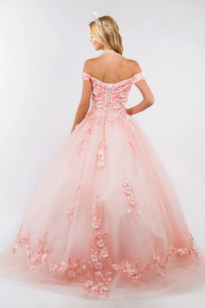 Embroidery Embellished Glitter-Mesh Cut-Away Shoulder Quinceanera Dress