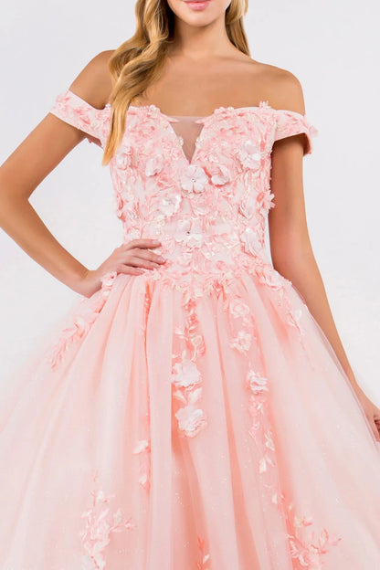Embroidery Embellished Glitter-Mesh Cut-Away Shoulder Quinceanera Dress