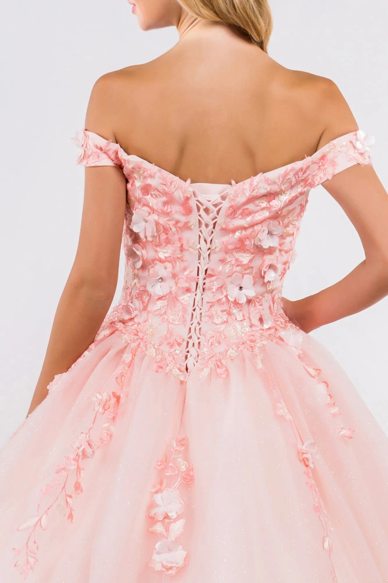 Embroidery Embellished Glitter-Mesh Cut-Away Shoulder Quinceanera Dress