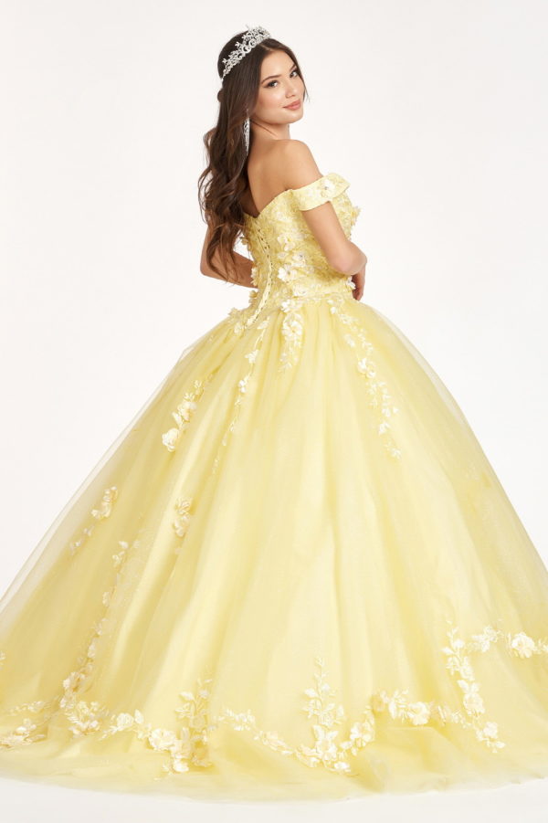 Embroidery Embellished Glitter-Mesh Cut-Away Shoulder Quinceanera Dress