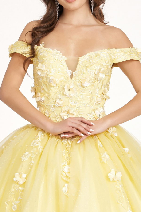 Embroidery Embellished Glitter-Mesh Cut-Away Shoulder Quinceanera Dress